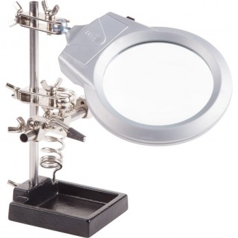 Держатель REXANT «ТРЕТЬЯ РУКА», 2 зажима, чугун, лупа 90 мм, подставка паяльника, LED подсветка